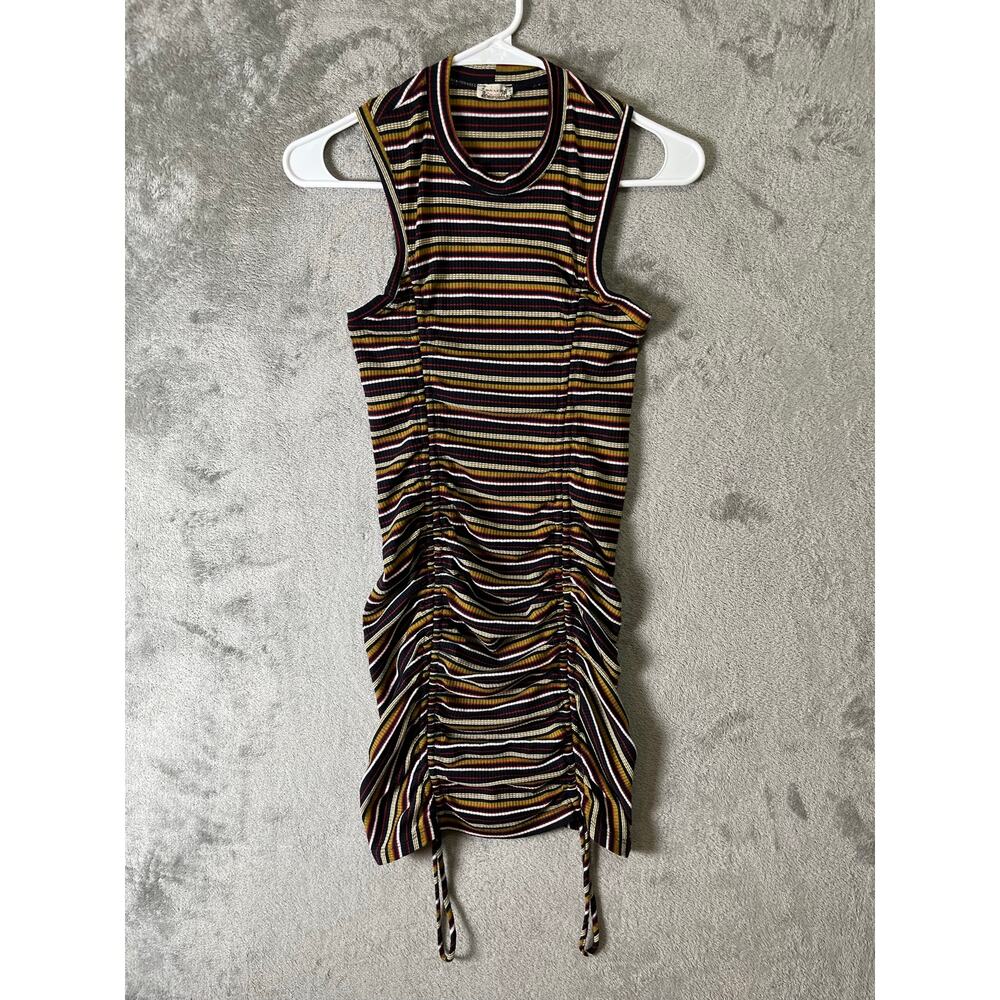 Free People‎ Ribbed Striped Ruched Bodycon Mini Dress XS Boho Y2K Festival